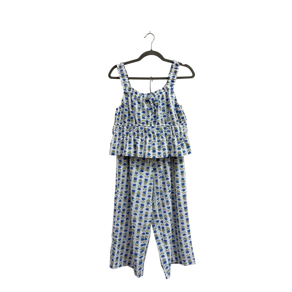 Auden Blue Floral Seersucker Pajama Set Ruffle Tie Front Tank Pants Small/Large